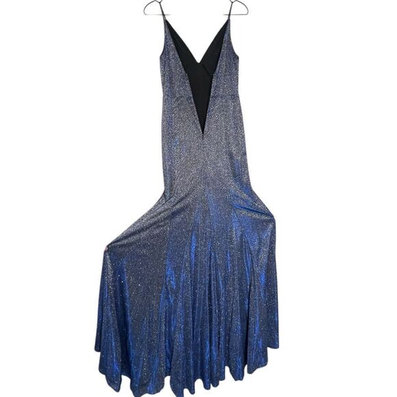 Dear Moon Blue Glitter Evening Gown Size 3 – Slit Hem, Spaghetti Straps, V-Neck - Picture 7 of 10